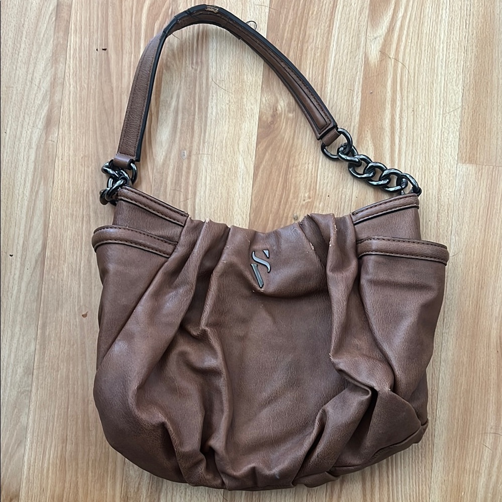 Simply Vera Vera Wang Brown Gathered Leather Shoulder Bag with Chain Detail